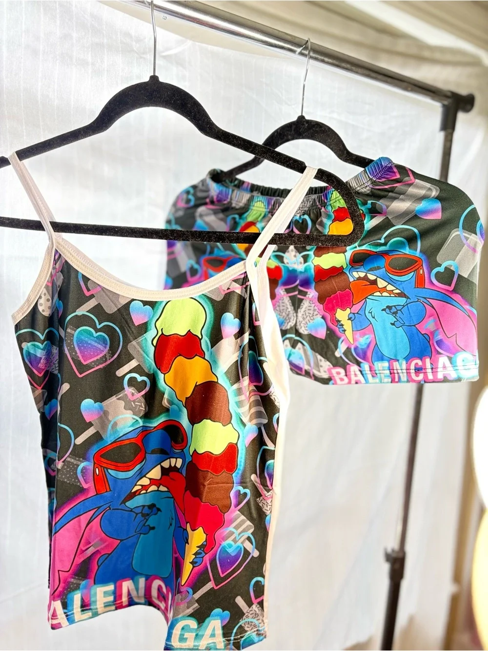Balenciaga Black Multicolor Cartoon Print Tank & Shorts Set